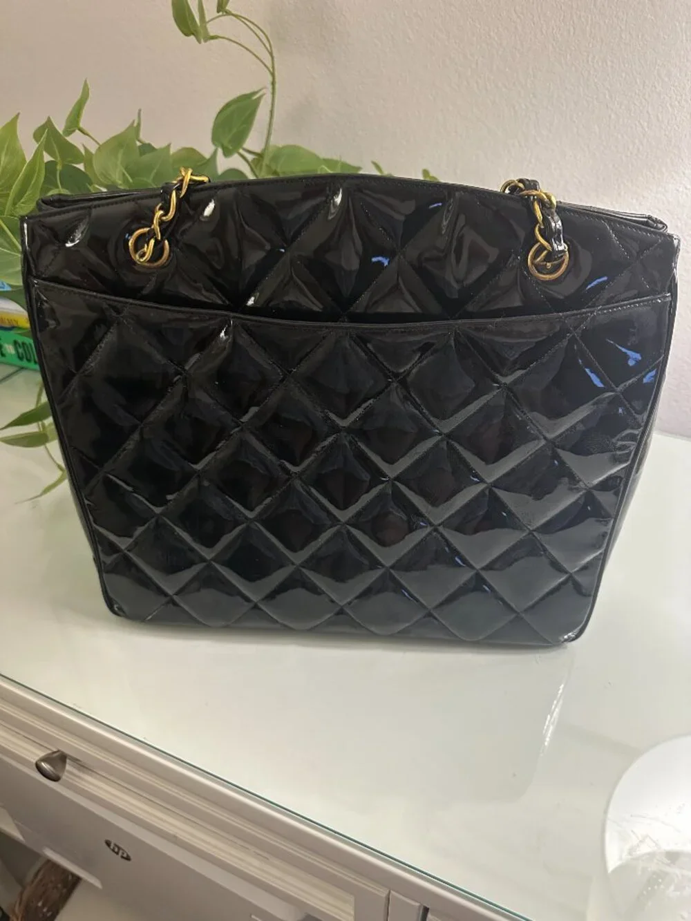 Chanel Timeless Jumbo tote/bag; Black patent leather & 24K gold HW; Auth Card